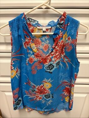 Violet & Claire Bright Blue Floral Sleeveless Ruffle-Neck Blouse
